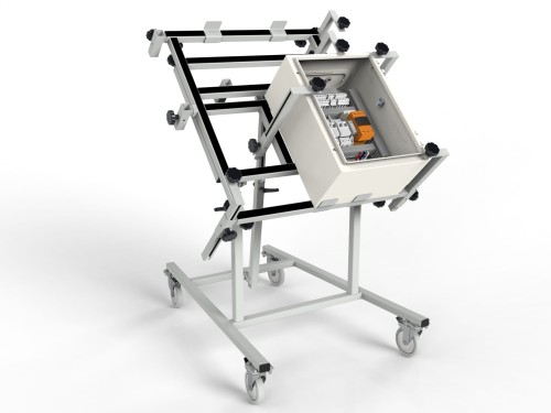 Small rack with 80° inclination and an extending frame for the prefabrication of control cabinets