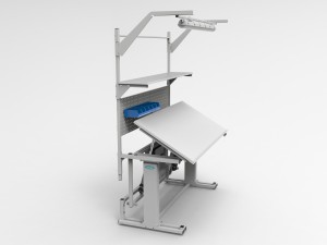 Electrically adjustable table with a tilting top