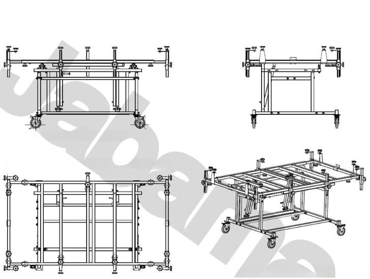 Rack for prefabrication of control cabinets with up to 55° inclination - technical sketch